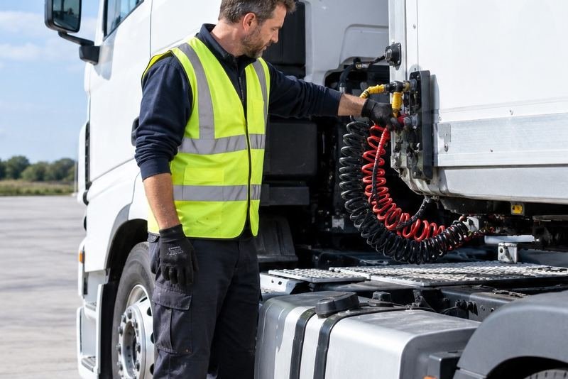 A truck driver in a hi-vis vest checking the air lines at the coupling of a tractor unit.