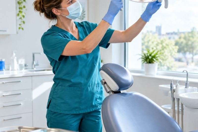 A dental hygienist in scrubs and a mask positioning the overhead light above an empty patient chair.