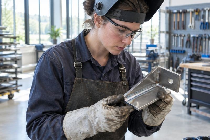 A welder in a bright fabrication shop, welding hood raised, inspecting a finished weld bead on a steel bracket.